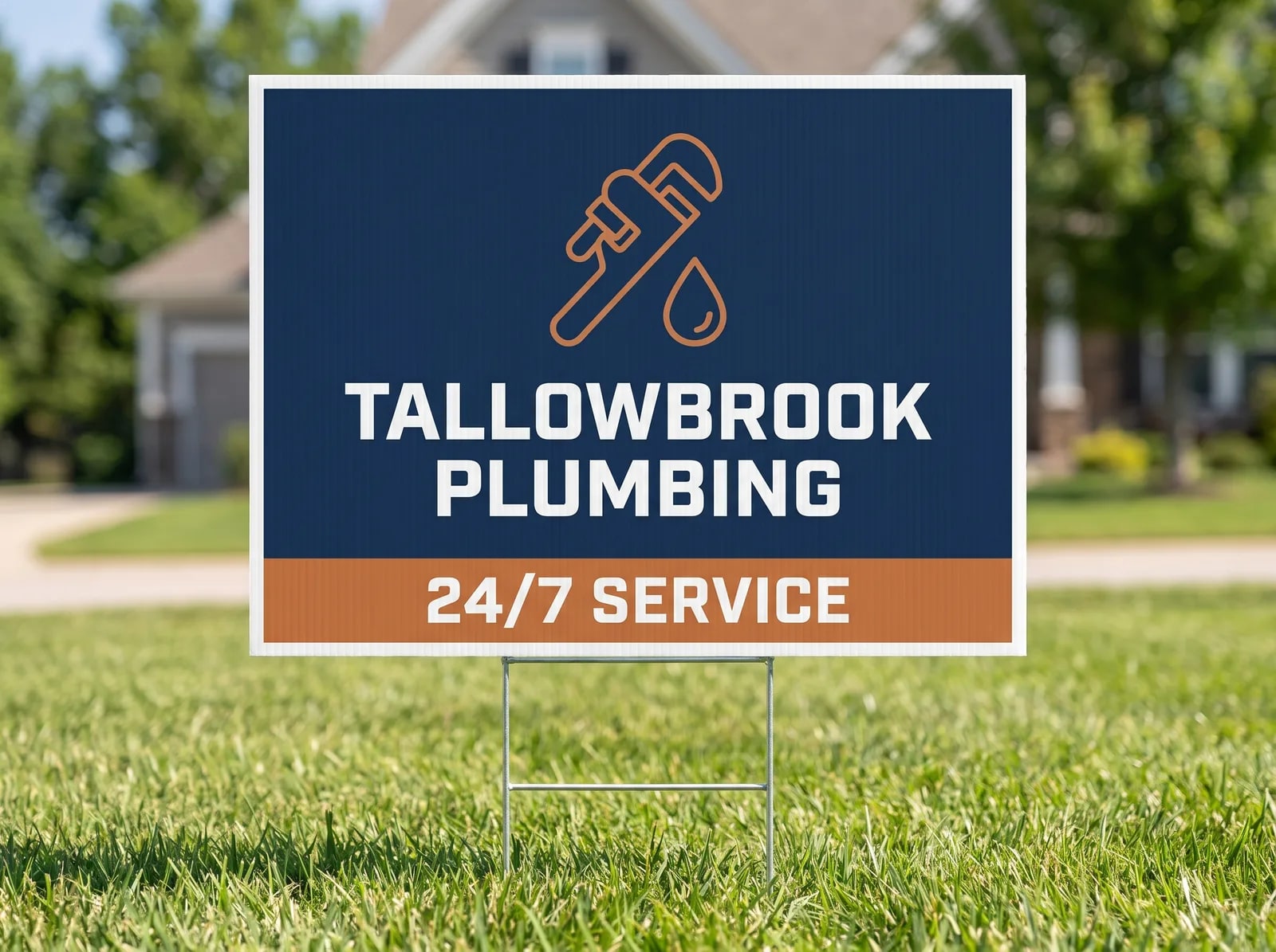 An 18 by 24 inch double-sided coroplast yard sign on a wire H-stake in a front lawn, the standard size for Texas campaign signs