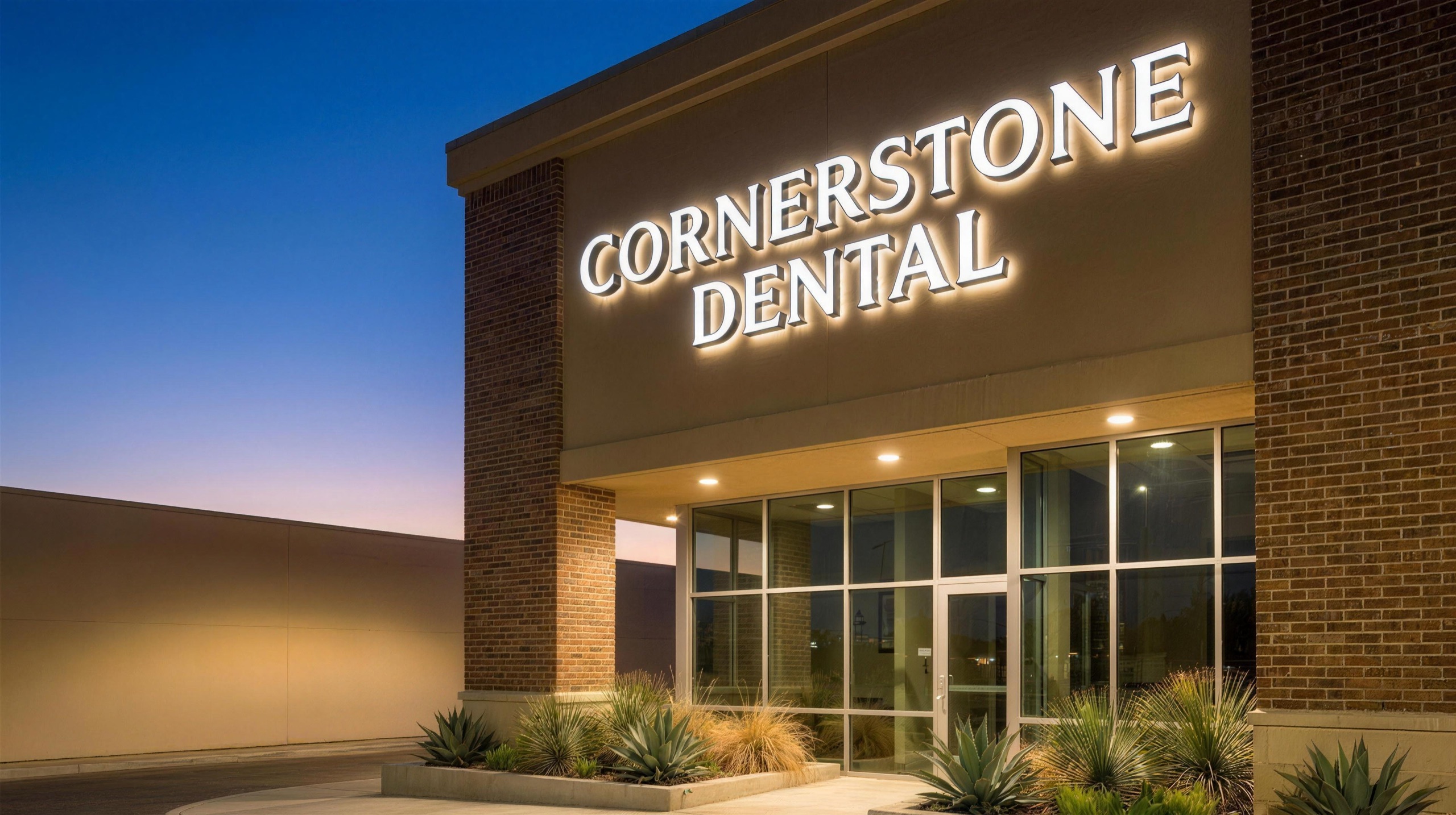 Illuminated channel letter signage on a premium commercial building at dusk in San Antonio